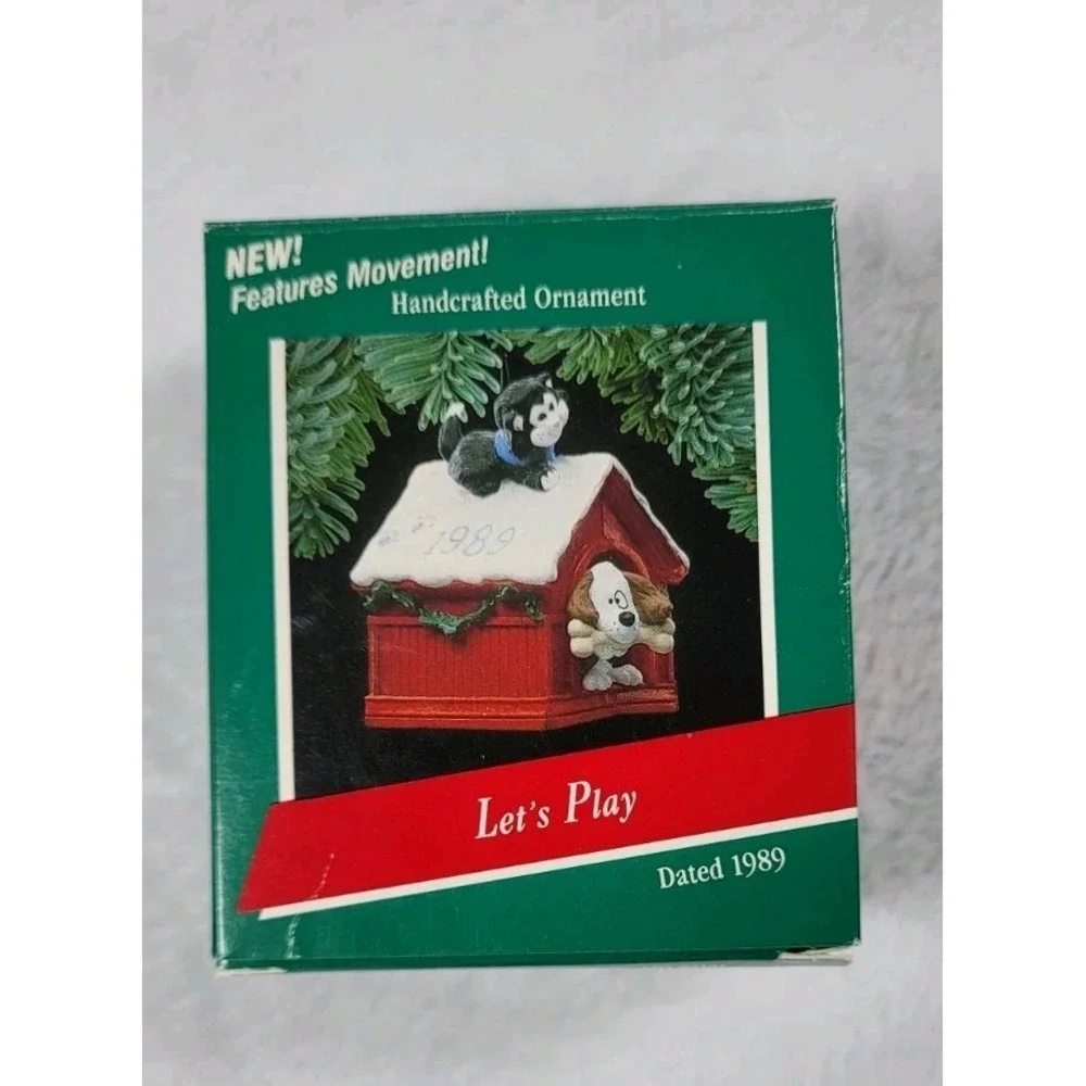 Vtg‎ 1989 Hallmark Lets Play Ornament Dog Cat Doghouse Christmas Tree Keepsake